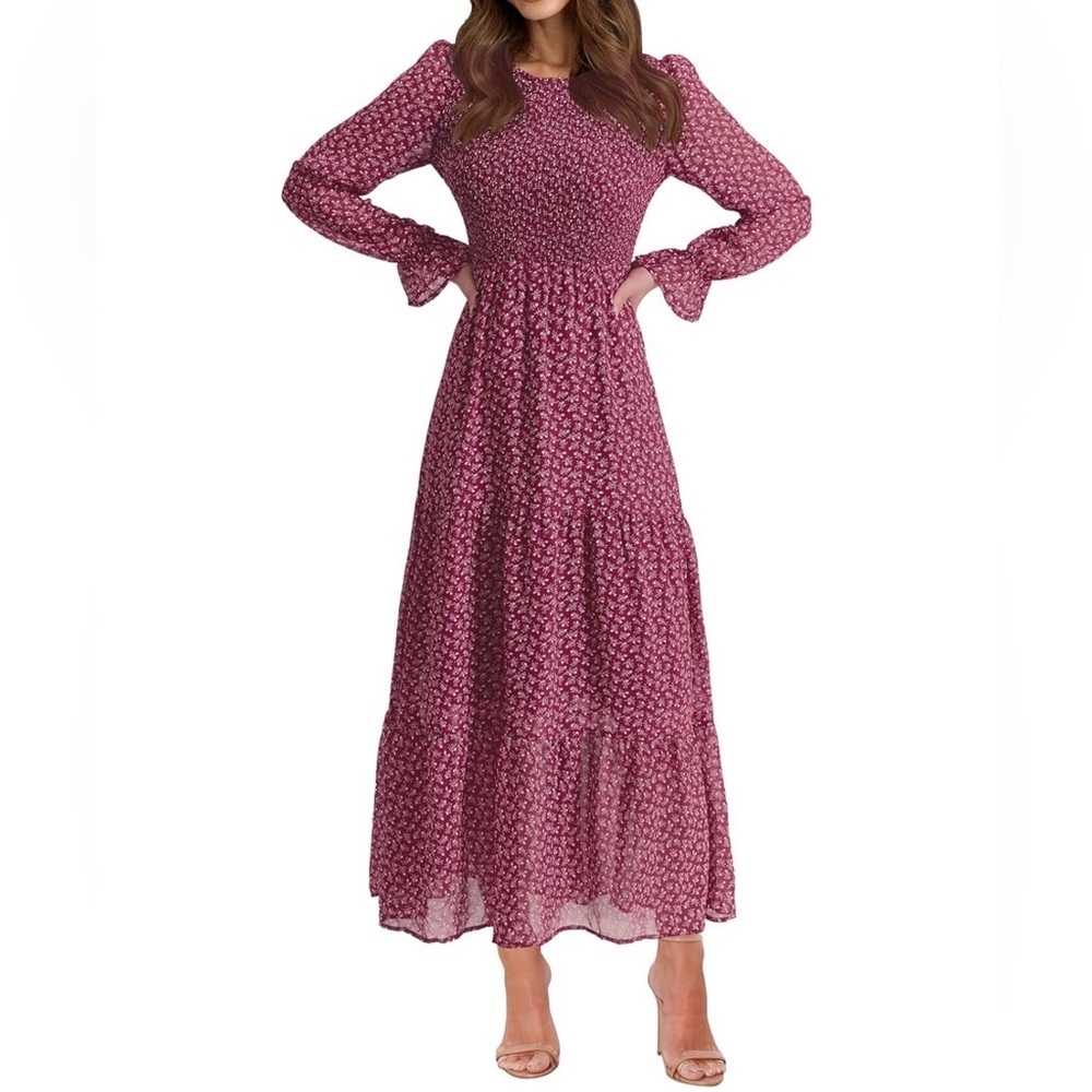 Casual Long Sleeve Crew Neck Relaxed Fit Floral Flowy Maxi Tiered Dress size L
